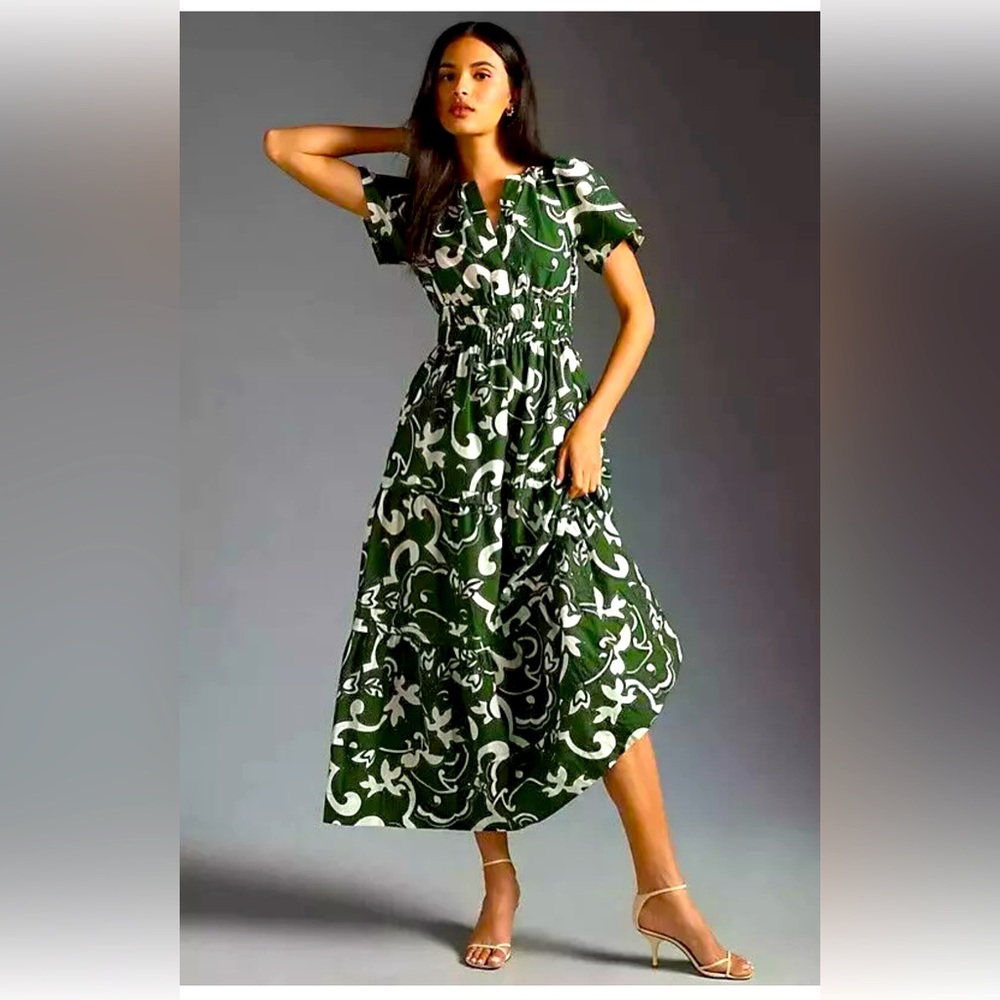 Anthropologie Somerset Tiered Maxi Dress Paisley Dark Hunter Green Size L NEW